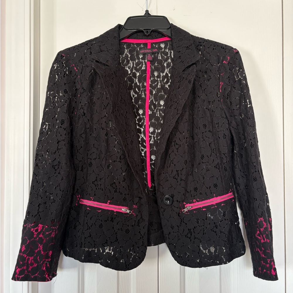 Material Girl Black Lace Blazer with Hot Pink Trim